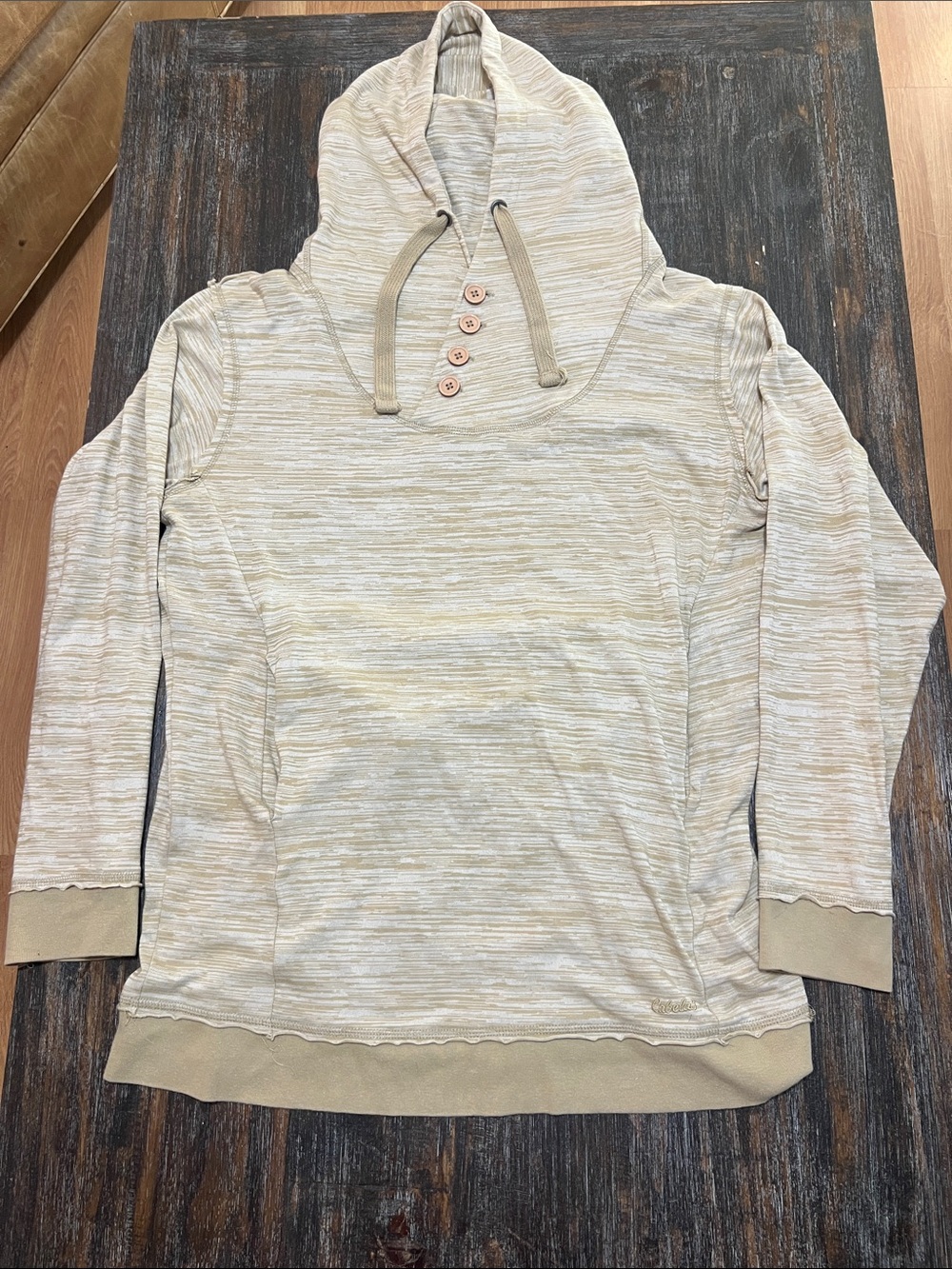 Cabela's Beige Striped Hooded Pullover with Button Placket